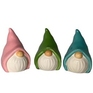 Gnome Pink, Green, and Blue Ceramic Figurines Set of 3